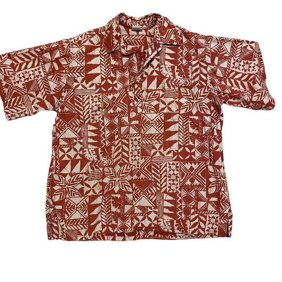 Barefoot in Paradise Red and Gray Tapa 100% Cotton Men's Hawaiian Shirt XL - Picture 1 of 6